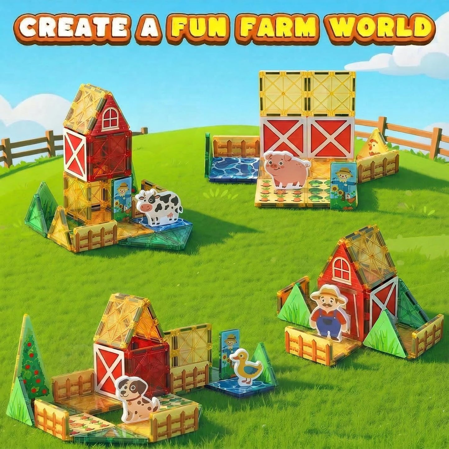 3 Otters 42PCS Magnetic Tiles Toys with Farm Animals, Magnetic Building Blocks Educational STEM Toys for Birthday Party Gifts Kids Toddlers Preschool Classroom