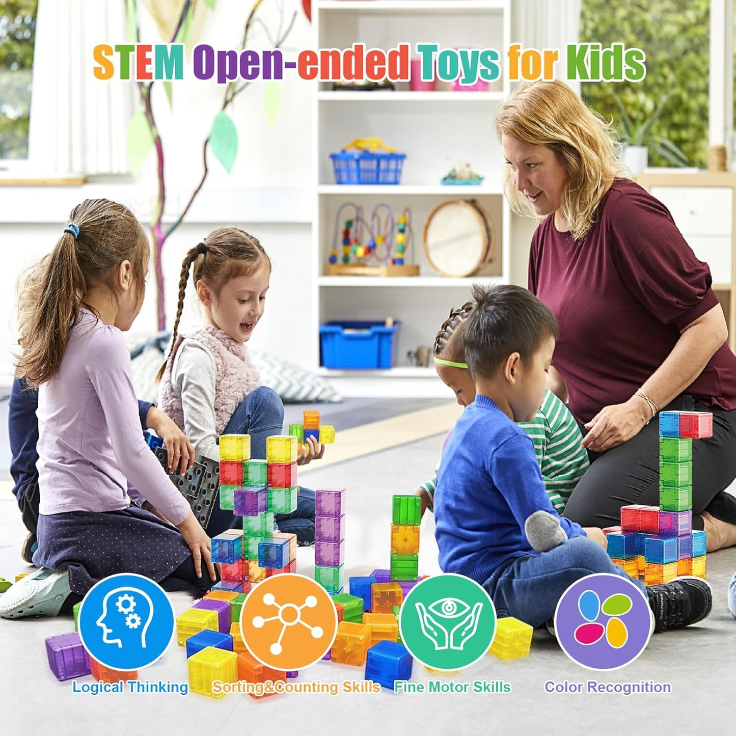 Caferria 1.4 inch Large Magnetic Blocks for Kids, 30pcs Magnet Building Blocks, Preschool STEM Sensory Montessori Stacking Cubes Educational Building Toys for 3 4 5 6 7 8 Year Old Boys Girls
