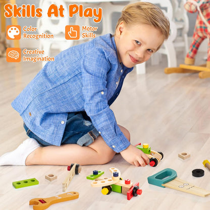 WOOOMAM Kids Tool Set, 90 PCS Wooden Toddler Tool Set with Box and Flash Cards, Tool Kit for Kids Age 3-5 Years, Toddler Boy Toys, FSC Certified Material