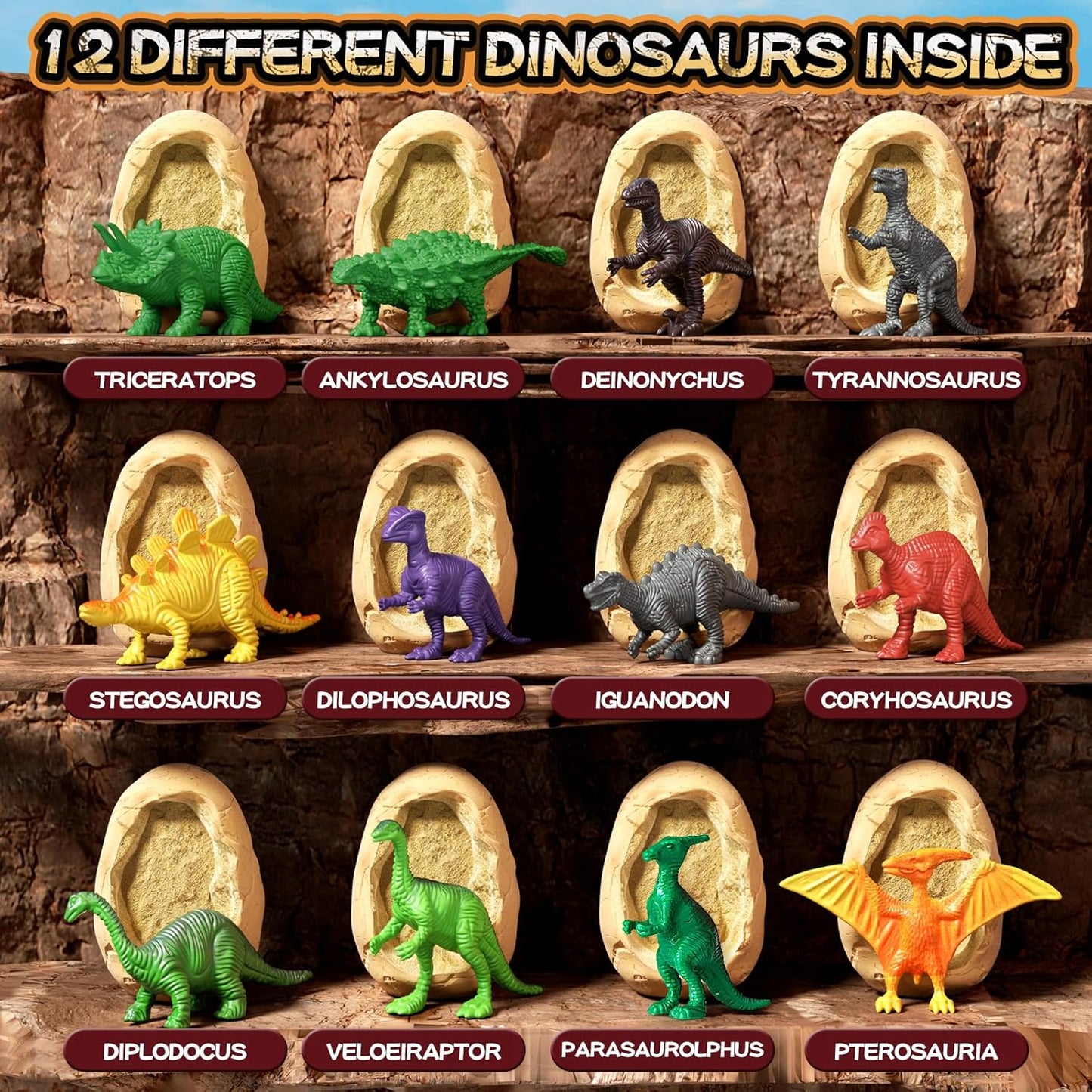 24 Dinosaur Eggs Dig Kit Toys for Kids, Dinosaur Eggs Excavation Kit with Magnifier, Easter Basket Stuffers, Science STEM Birthday Party Favors Gifts for Boys Girls Age 3 4 5 6 7 8 9 10 + Years Old