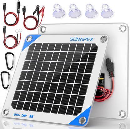 SUNAPEX 12V 10 Watt Solar Trickle Charger Maintainer - Waterproof Solar Powered Battery Charger - Solar Panel Kit Built-in Smart Charge Controller for Car Rv Trailer Truck Boat Automotive Marine