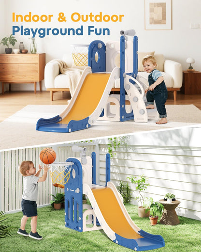 Babytronic Toddler Slide, 6 in 1 Kids Indoor Slide for Toddlers 1-3, Baby Indoor and Outdoor Climber Playset, Kids Slide with Basketball Hoop and Telescope, Toddler Outdoor Playground (Blue&Yellow)