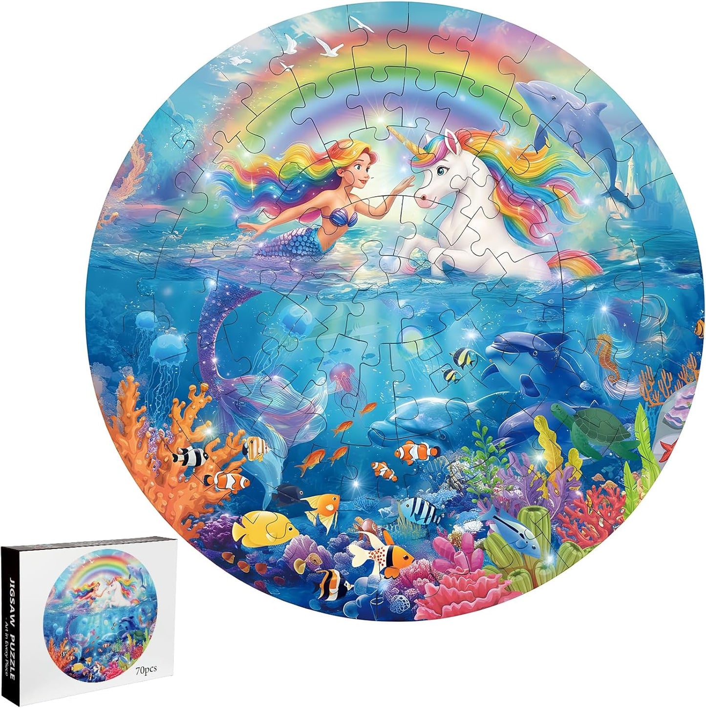 Soulchen 23 Inch Unicorn Mermaid Jigsaw Puzzles, 70 Piece Large Round Floor Puzzle for Kids Ages 4-8, Educational Preschool Learning Toys, Birthday Gifts for Girls 3 4 5 6 7 8 Years Old