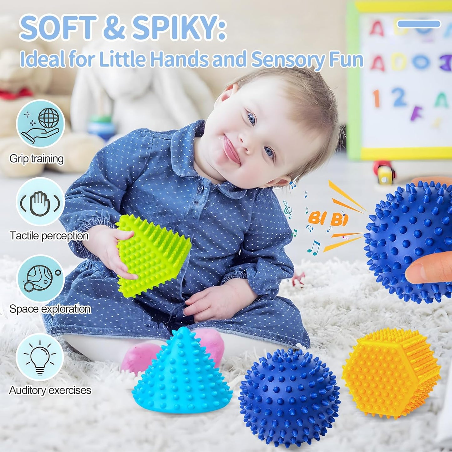 Soft Spiky Sensory Balls & Stacking Cups Set, Textured Geometric Baby Balls, Castle Nesting Blocks, Teether & Bath Toys, Montessori Gifts for Babies 6-12 Months Toddlers 1-3