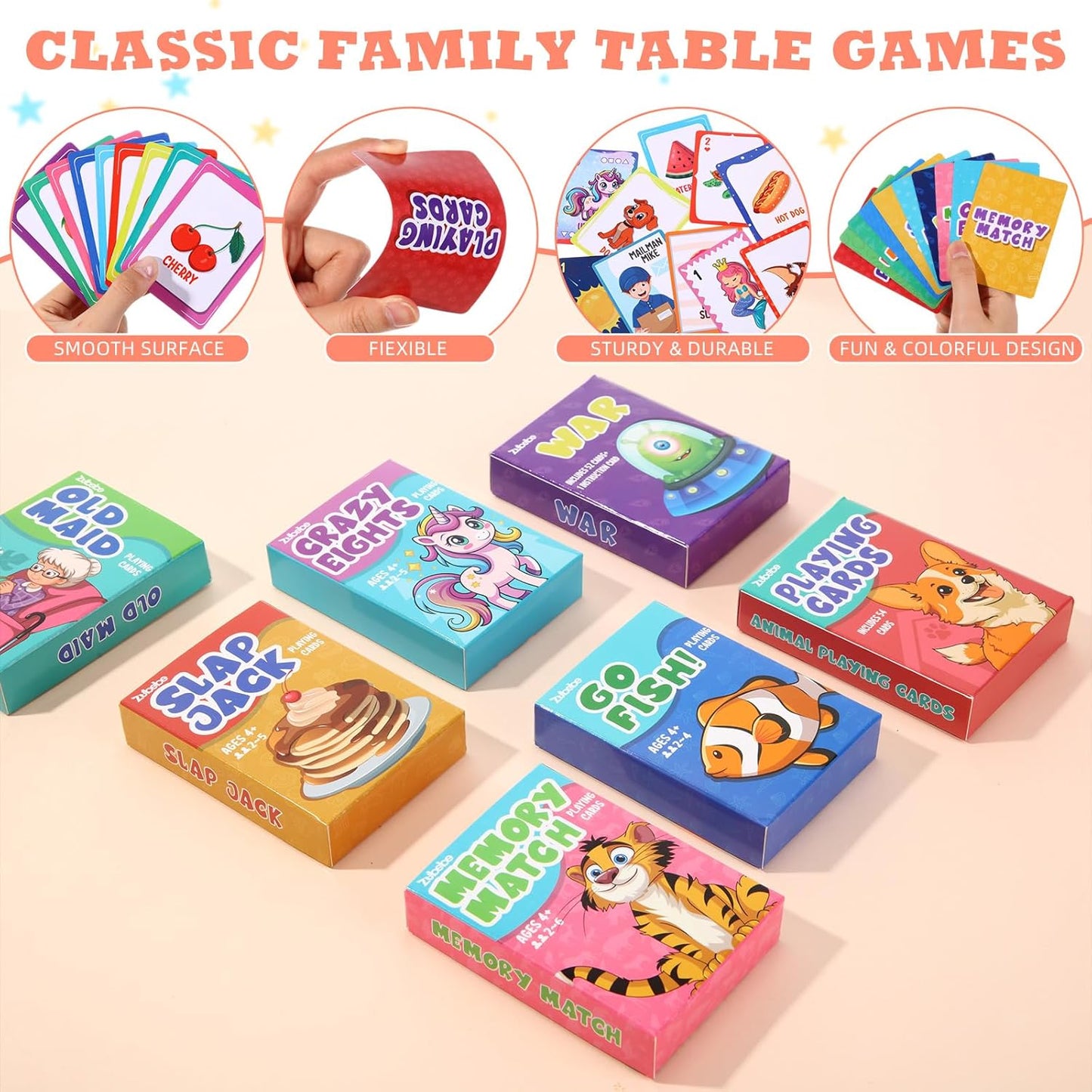 Zubebe 28 Pack Kids Card Games Gifts Bulk Classic Playing Card Game Set for Kids Includes Go Fish, Old Maid, Crazy Eights, Memory Match, Slap Jack, Playing Toy for Party Favors (Classic)