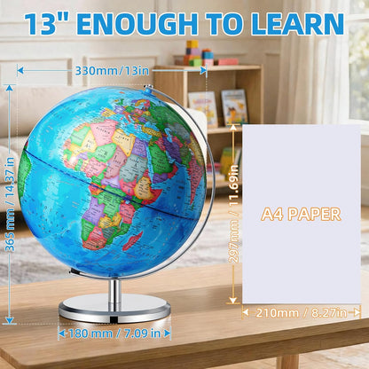 BSHAPPLUS 13 inch Large Globe for Classroom & Home Learning, Political Globe with 195+ Countries, Dry Erase & Waterproof Surface, Solid Stainless Steel Base (No Assembly Required)