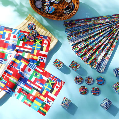 Outus 60 Pcs International Flags of The World Party Favors: 30 Around The World Slap Bracelets, 30 Button Pins, Country Flags International Party Favor Globe History Classroom Decorations Supplies