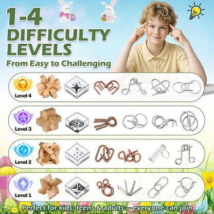 24 Pack Brain Teaser Puzzle Set, Metal & Wooden Puzzles with Balance Challenges, IQ Logic Games and Mind Teaser Toys Party Favors Return Gifts for Kids Teens and Adults