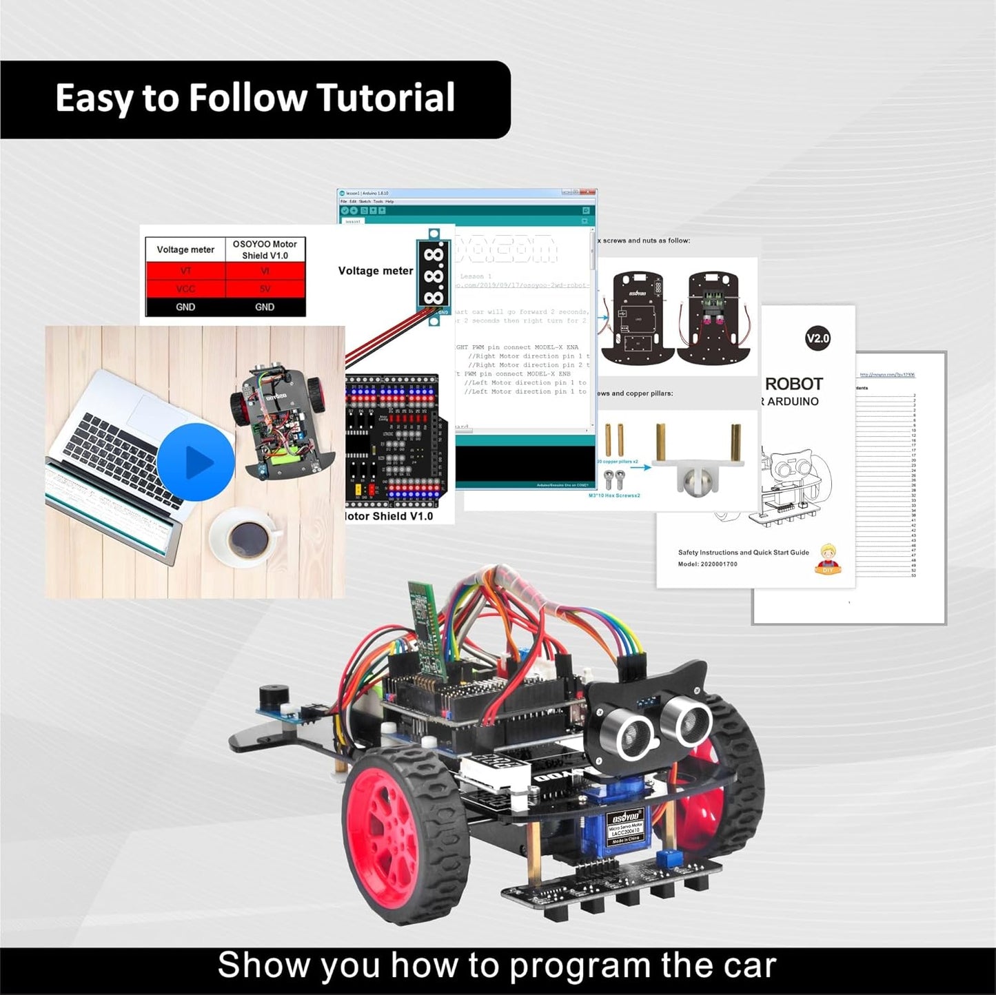 OSOYOO Model 3 Robot Car DIY Starter Kit for Arduino,Educational Motorized Robotics, Remote Control App, Learning How to Code, IOT Mechanical Coding for Teens and Adults
