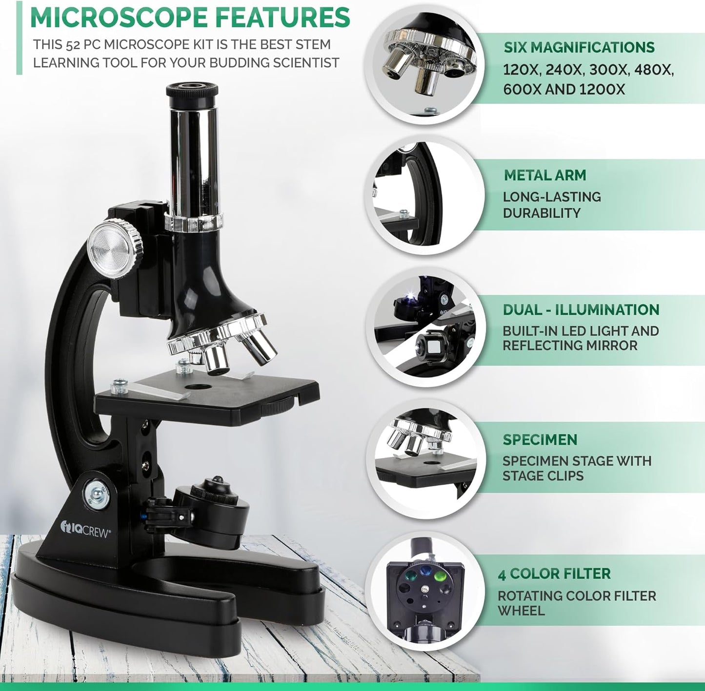 AMSCOPE-Kids 120X-1200X White Metal Arm Starter Kids Student Microscope Kit and Compact Refractor Telescope with Tripod - M30-ABS-KT2-W-TKVB1