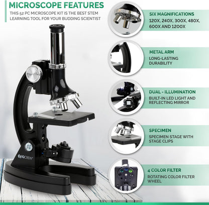 AMSCOPE-Kids 120X-1200X White Metal Arm Starter Kids Student Microscope Kit and Compact Refractor Telescope with Tripod - M30-ABS-KT2-W-TKVB1