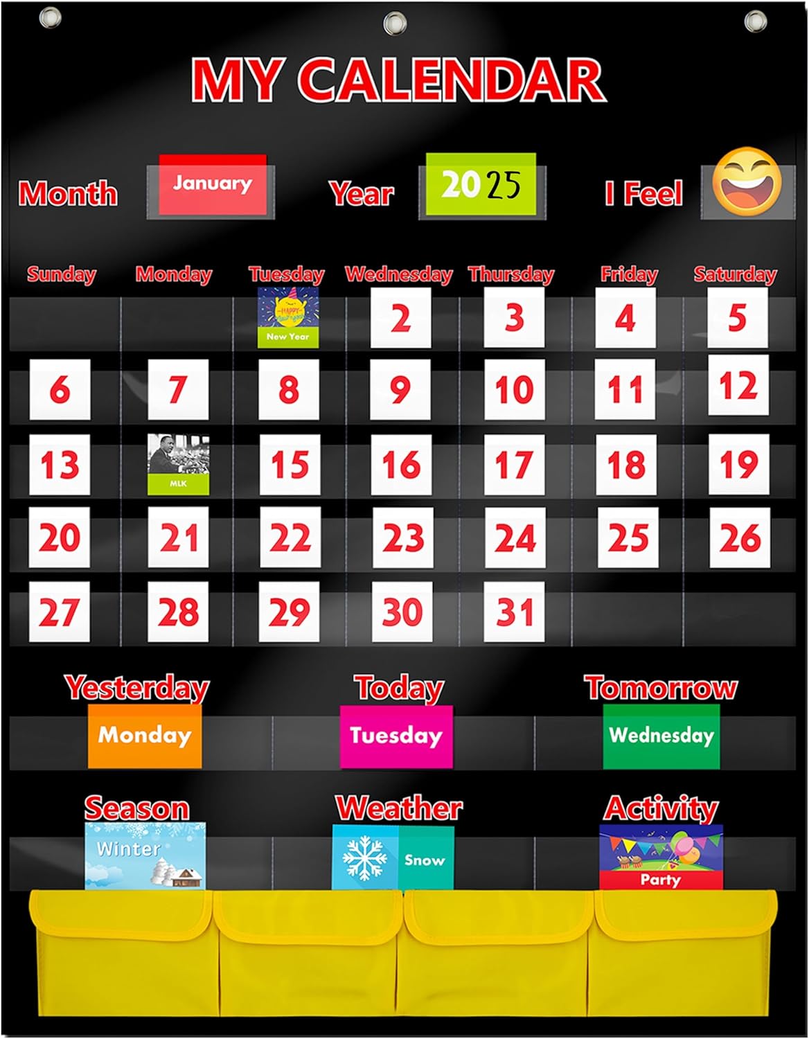 SpriteGru Calendar and Weather Pocket Chart with 148 Cards,(108 Illustrated Activity Cards, 40 Dry Erasable Flash Cards and 3 Hooks 28"x35.5"),Alphabets, Blue
