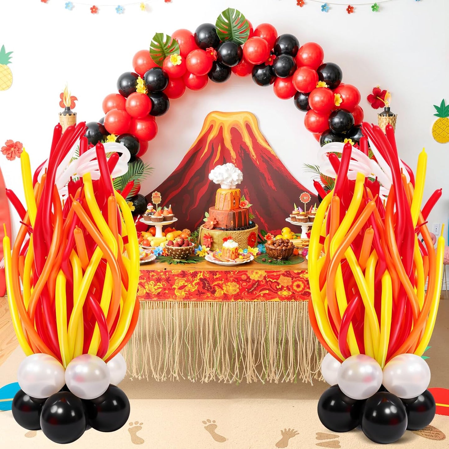 126 Pcs Volcano Birthday Party Decoration Lava Volcano Balloons Set Red Orange Yellow Black Sliver Flame Latex Balloons for Science Dinosaur Lava Luau Hawaiian Fire Party Decor Supplies