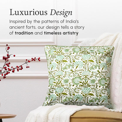 CPC 100% Cotton Throw Pillow Covers 18x18 Inch, Set of 2 Green Block Print Pattern Couch Pillow, Cute Boho Decorative Pillows for Living Room, Bedroom with Hidden Zipper- Agate Green