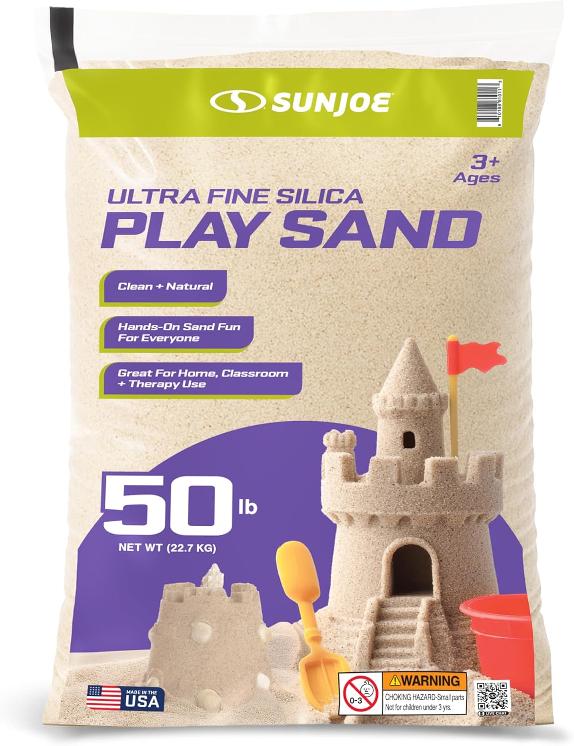 Sun Joe Silica Play Sand for Sandbox, Sensory Table & Gardens, Ultra Fine, 50 Lb Bag - Indoor & Outdoor Craft Accessory for Molding, Digging & Sculpting, PLYSAND50