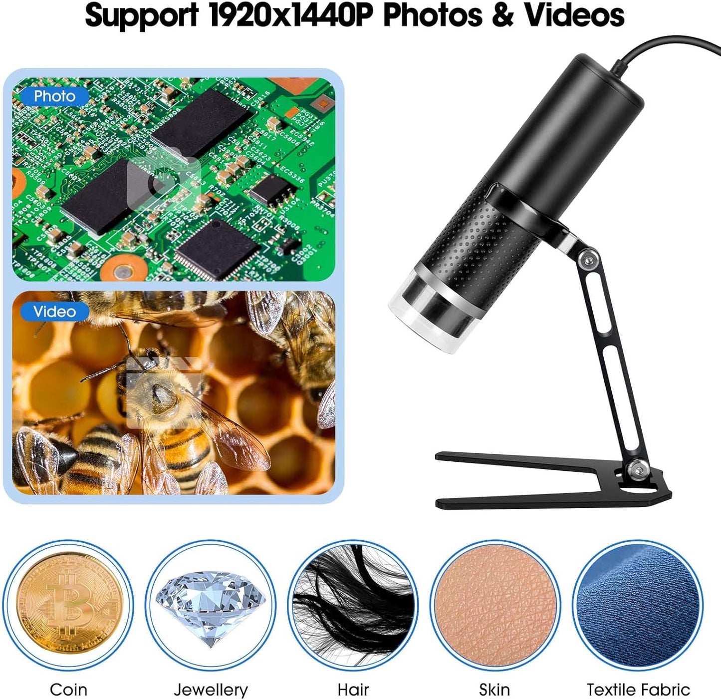 USB Digital Microscope Compatible with iOS and Android Devices (Not for Any PC), 50x-1600x Magnification, 1920x1440P HD Portable Microscope Camera for Adults, Children, Students