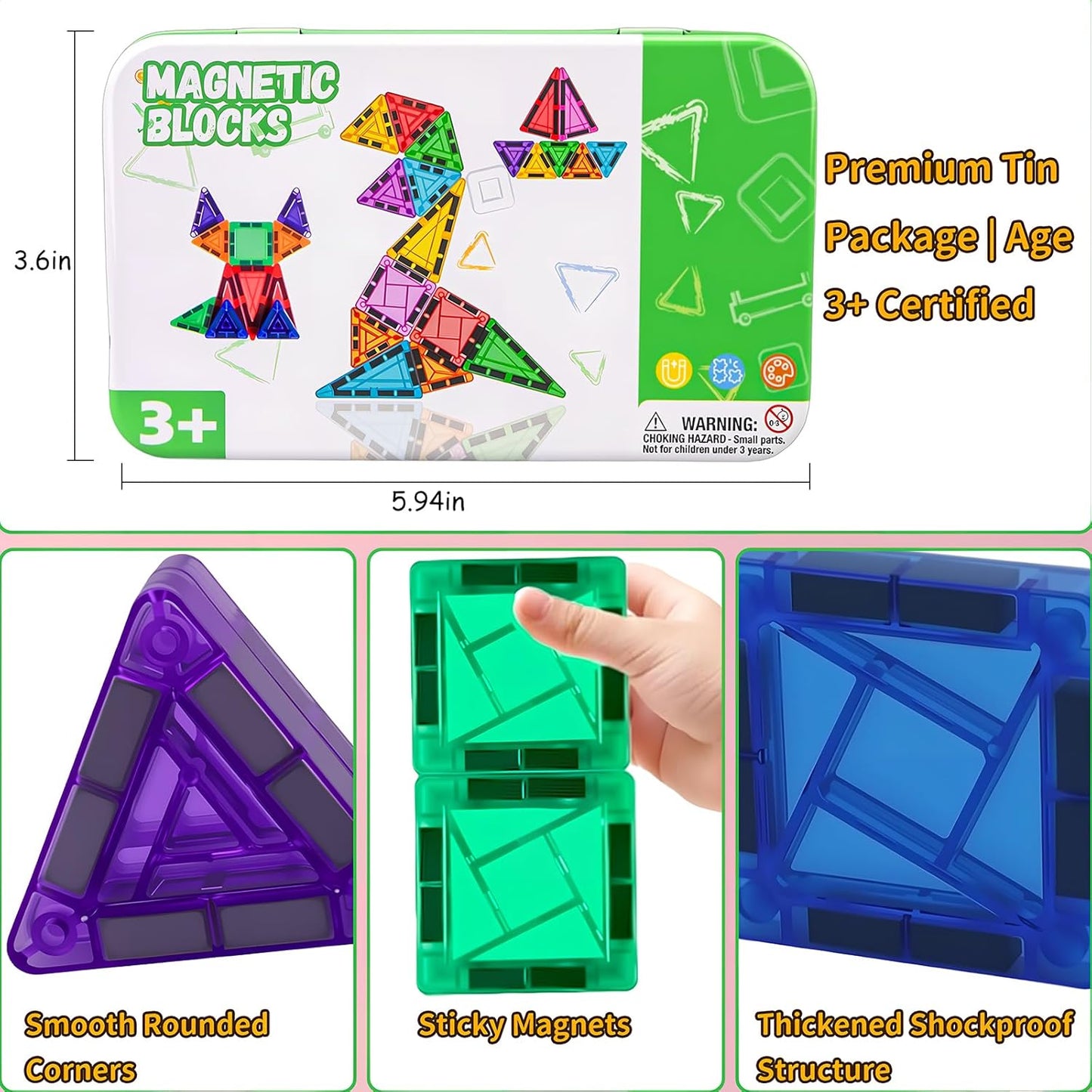 Mini Magnetic Tiles,42PCS Magnetic Building Blocks with Metal Storage Box,STEM Toys for Kids Ages 3+,Sensory Toys for Kids with Autism