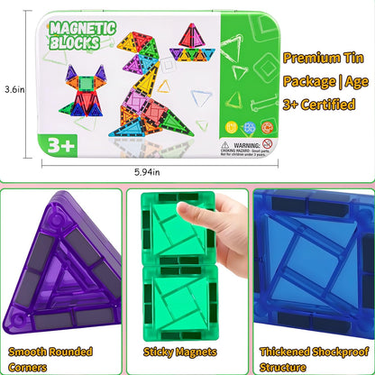 Mini Magnetic Tiles,42PCS Magnetic Building Blocks with Metal Storage Box,STEM Toys for Kids Ages 3+,Sensory Toys for Kids with Autism