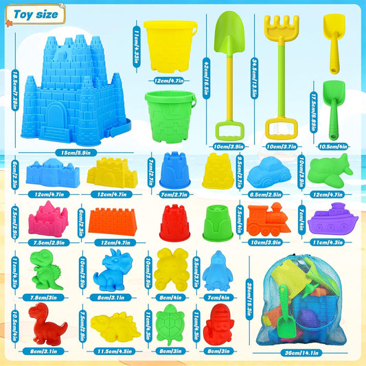 Beach Toys for Kids,28PCS Sand Castle Building Kit with 3 Castle Bucket and Sand Molds,Shovels and Rakes,Mesh Bag,Sandbox Toys for Toddlers,Outdoor Travel Beach Toys for Kids Boys Girls Age 3-10