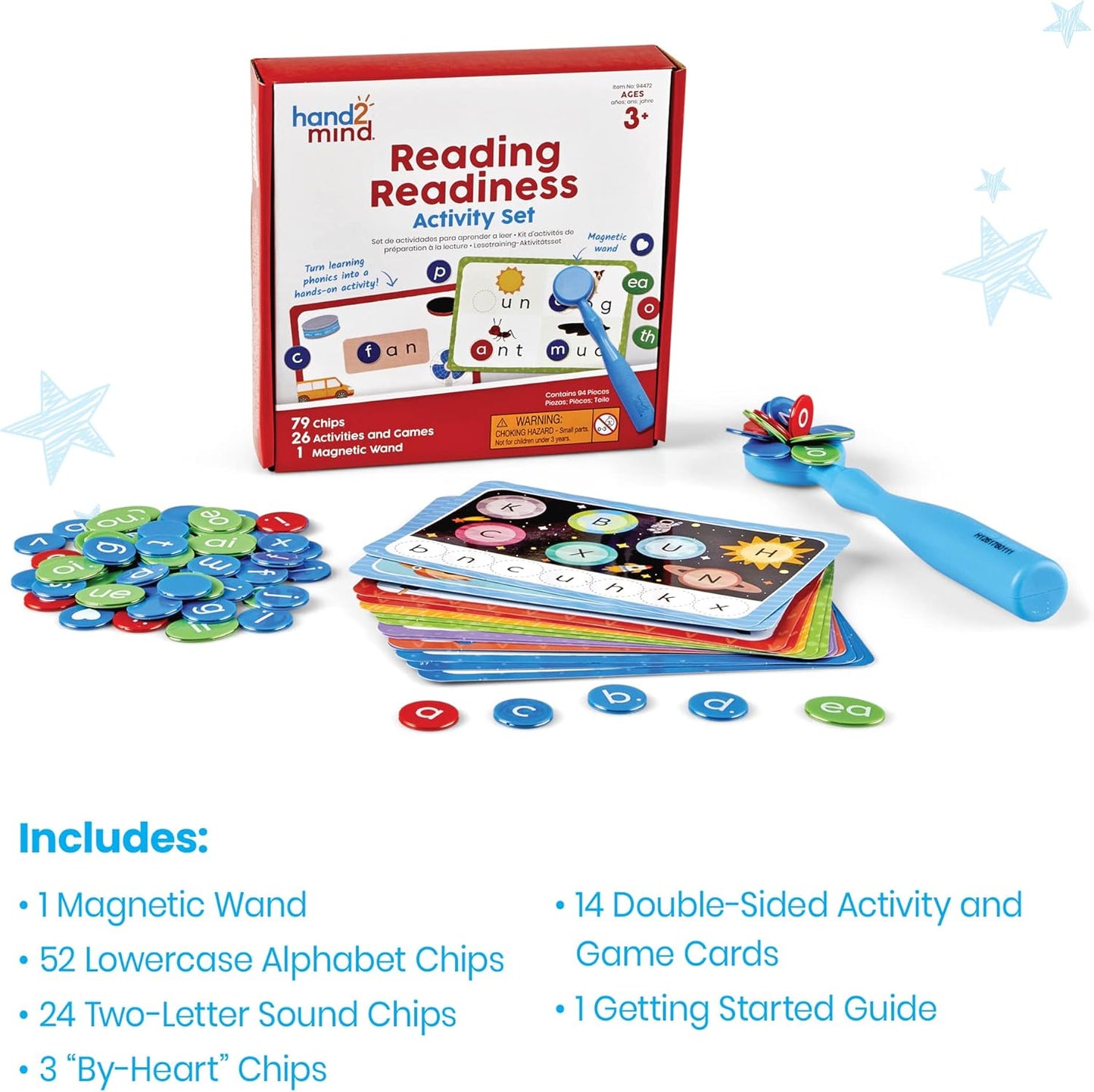 hand2mind Reading Readiness Activity Set, Magnetic Wands and Chip Set, Learn to Spell for Kids, Spelling Toys, CVC Words for Kindergarten, Learning Letters, Science of Reading Manipulatives