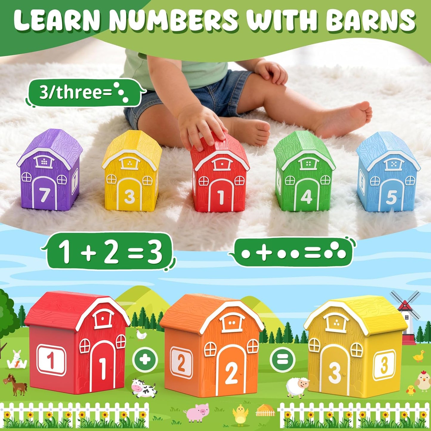 Montessori Toys for Toddlers 1 2 3 Years Old, Farm Animal Train Set with Counting Matching Sorting Activities 9 Barns, 10 Finger Puppets, 2 Stickers-Learning Toys for Baby Boys Girls, Preschool Gift