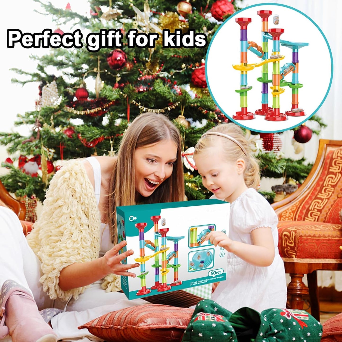50 PCS Marble Toy Premium Set,STEM Educational Building Block Toy,Marble Track Race Set with 15 Glass Marbles for Boys & Girls,Construction Building Blocks Toys for Kids