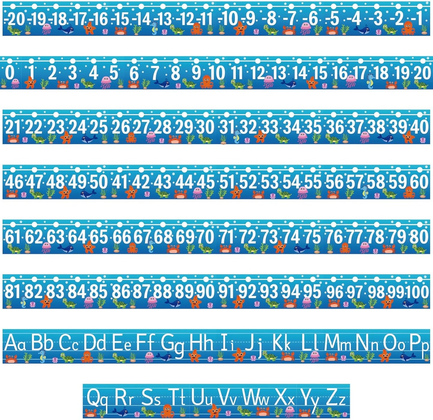 32Pcs A to Z Alphabet and -20-100 Number Cards Boho Bulletin Board Under The Sea Ocean Summer Sunflower Bee Theme Classroom Decorations Math Posters for Wall School Teacher Supplies (Sea Number)