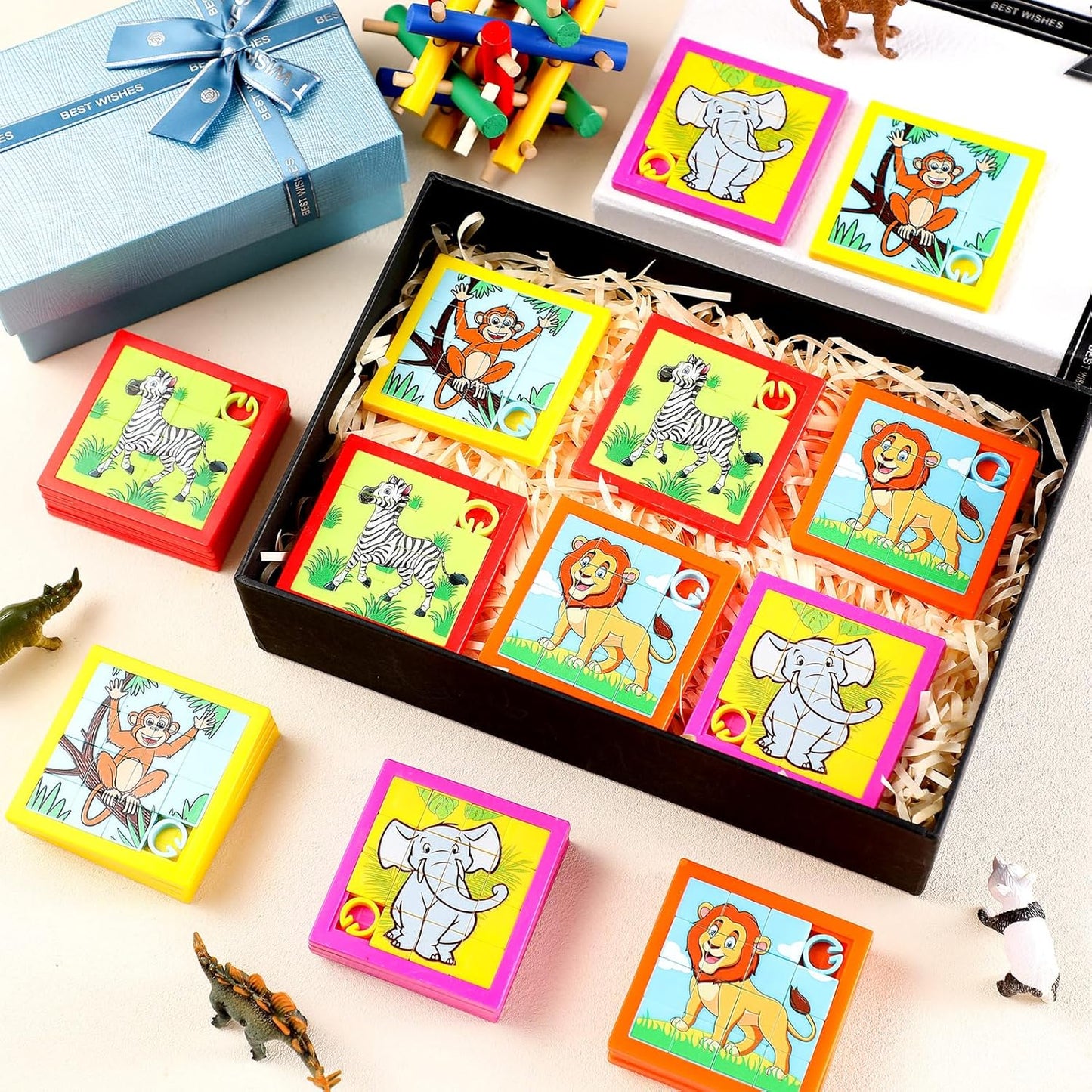 Simgoing 24 Pieces Animals Slide Puzzle Fun Brain Teaser Toys Games Monkey Zebra Lion Elephant Cute Pattern, Develops Problem-Solving Skills for Homeschool Classroom VBS Learning, 2.4 x 2.4 Inch
