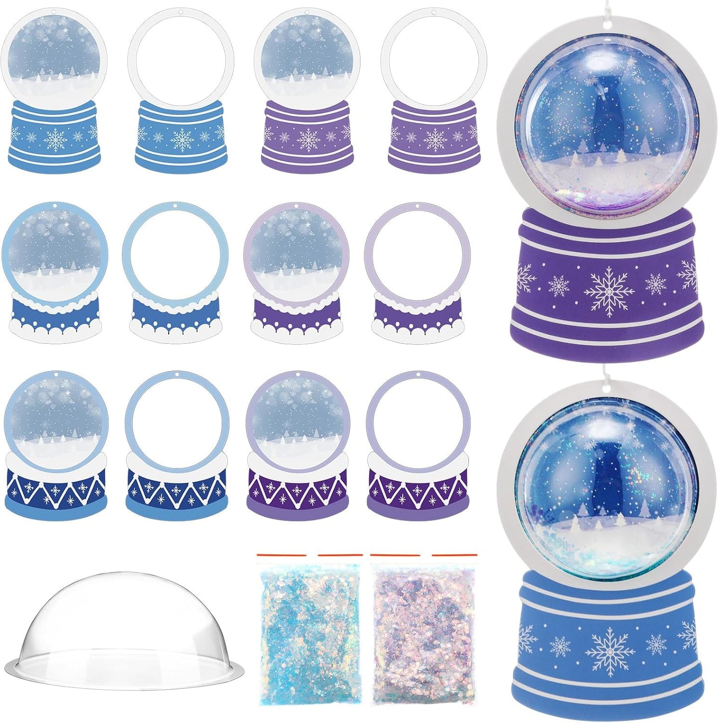 Threehoney 24 Pack Winter DIY Snow Globe Craft Kit for Kids Christmas 3D Shaking Snow Globe Hanging Ornament for Xmas Tree with Glitter Sequins Papers 3D Half Balls and Cards(Blue+Purple)