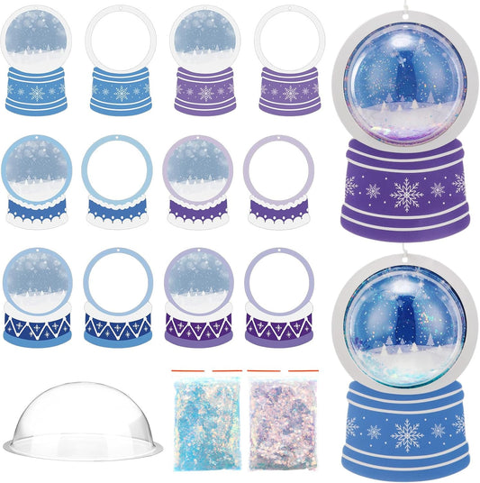 Threehoney 24 Pack Winter DIY Snow Globe Craft Kit for Kids Christmas 3D Shaking Snow Globe Hanging Ornament for Xmas Tree with Glitter Sequins Papers 3D Half Balls and Cards(Blue+Purple)