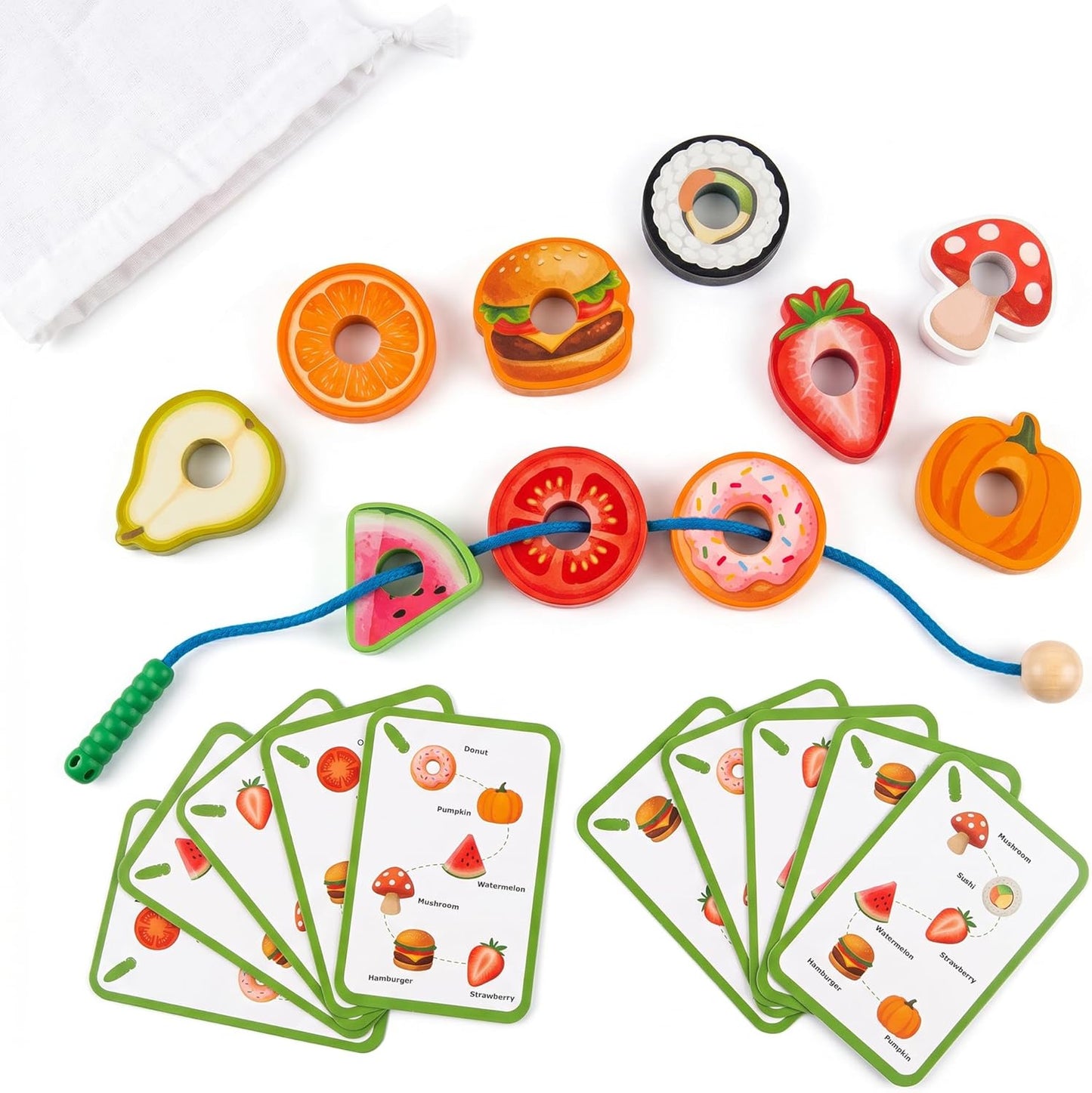 Wooden Caterpillar Lacing Toy, 10 Fruit and Vegetable Threading Beads with 10 Double-Sided Pattern Cards, Montessori Fine Motor Toy for Toddlers 3+ Preschool Learning Gift