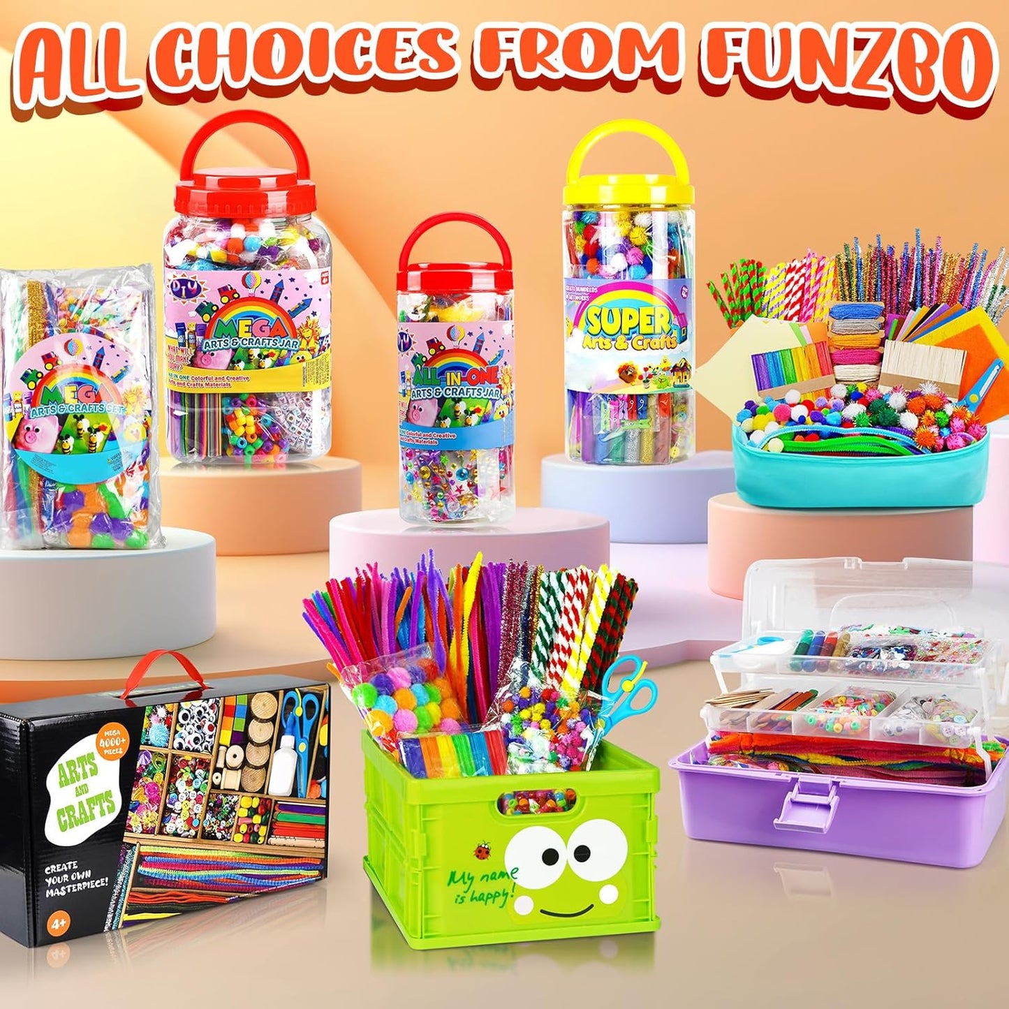 FUNZBO 2000Pcs+ Arts & Crafts Supplies Kits for Kids, DIY Craft Supplies for Toddlers Art Supply Tools Set Pipe Cleaners, Pom Poms and Feather, Birthday Gifts for Kid Girls Ages 4-8-12