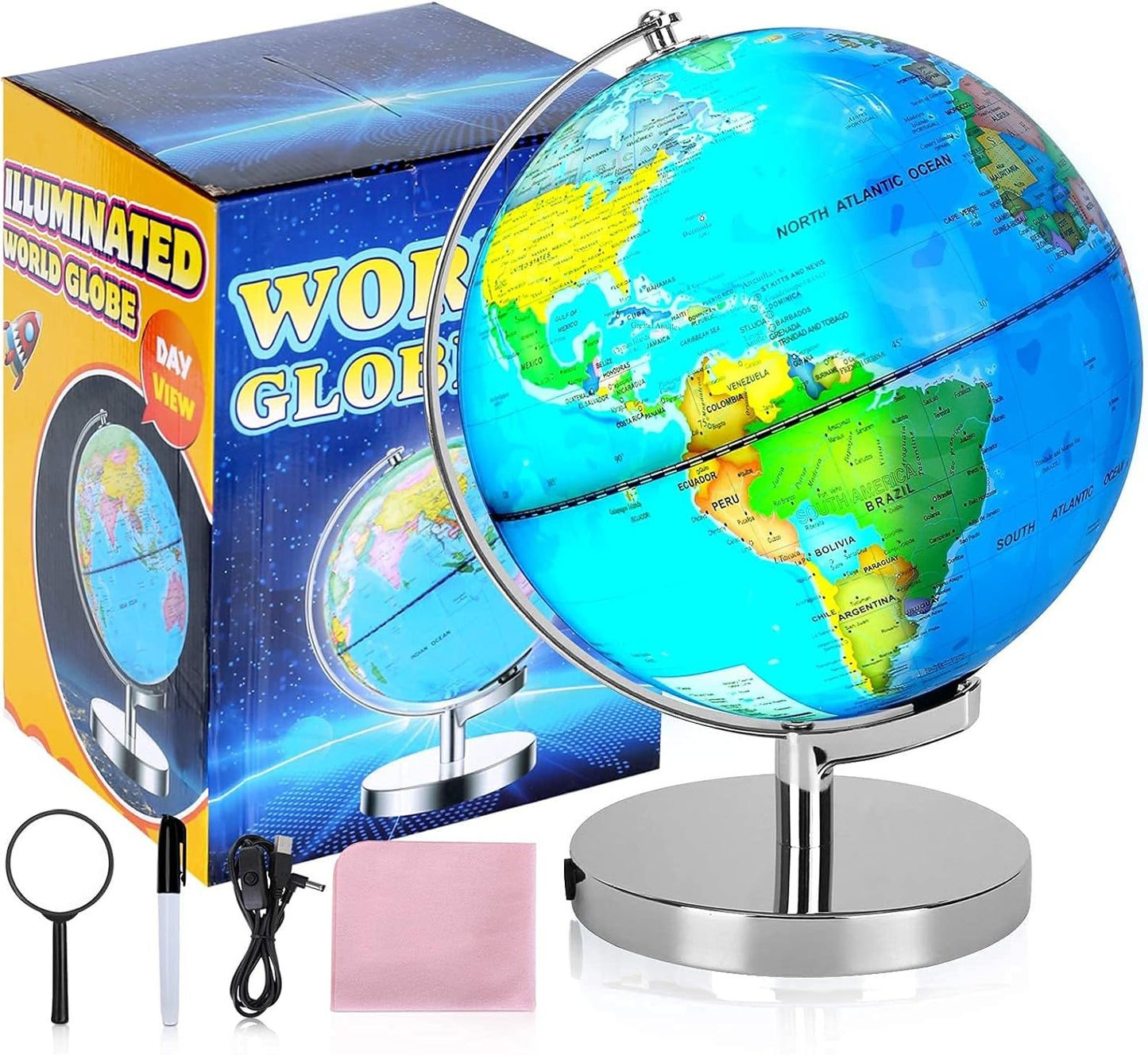 POOCCI 6 in1 Illuminated Large World Globe for Kids & Adults All Ages High Clear Map 12inch, Illuminates Educational Interactive STEM Toy, Light Up Kids Globe Lamp,Gifts For Boys And Girls