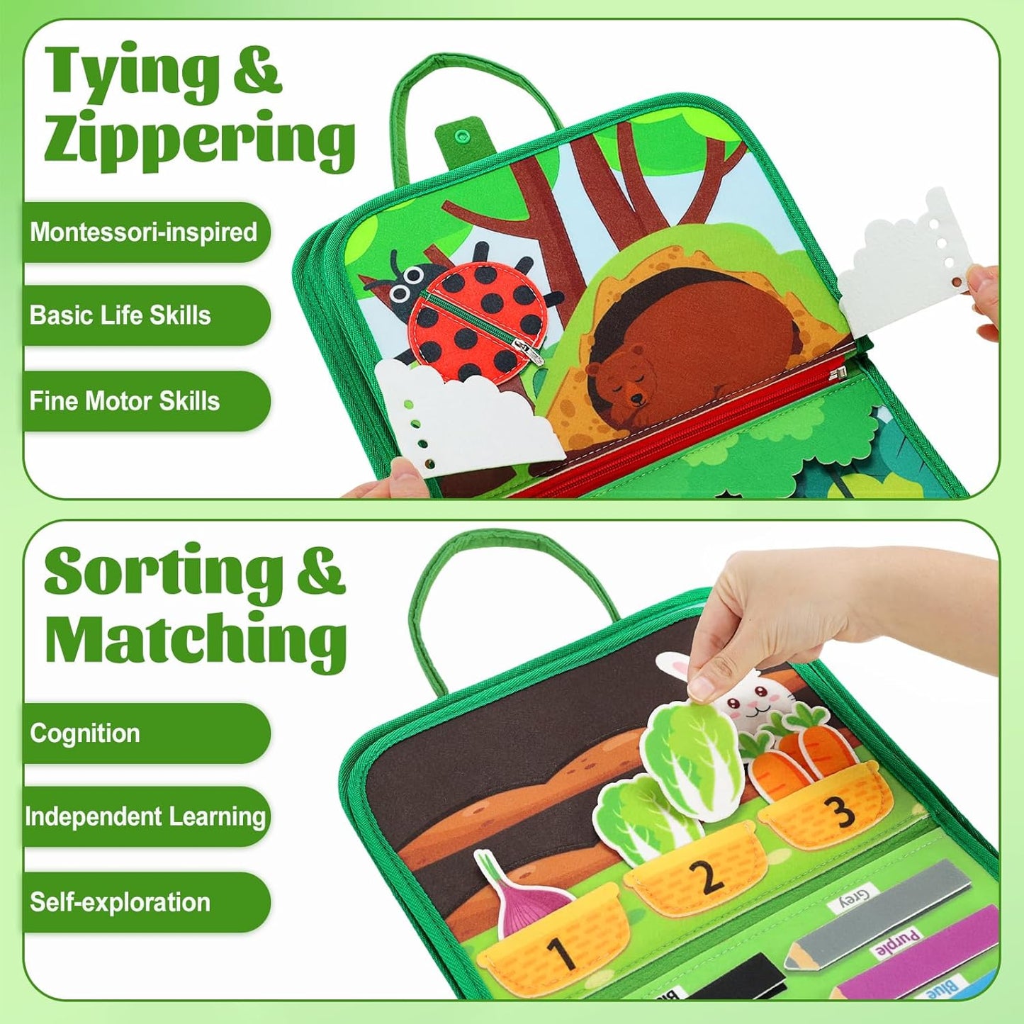 Busy Board for Toddlers, Montessori Toys for Boys Girls, Educational Learning Activity Quiet Book with Life Skills, Toddler Travel Toys Birthday Gifts (Green)