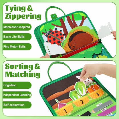 Busy Board for Toddlers, Montessori Toys for Boys Girls, Educational Learning Activity Quiet Book with Life Skills, Toddler Travel Toys Birthday Gifts (Green)