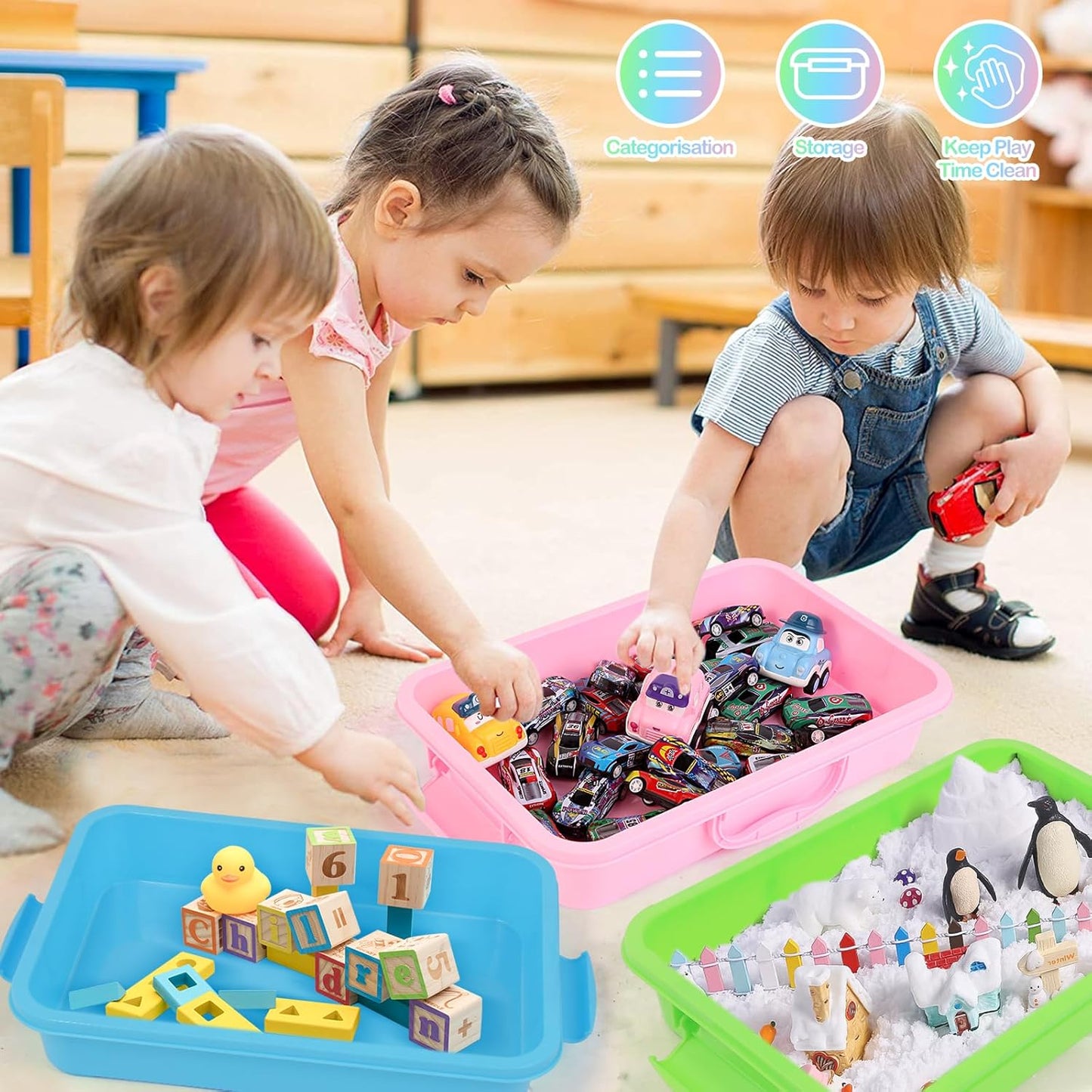 FIIOEOY 3 Pcs Sensory Bin Sand Tray with Lid & 3 Stickers, Stackable Plastic Storage Containers, Portable Sandbox, Organizers for Toys, Sand, Arts, Crafts (Blue, Green, Pink)