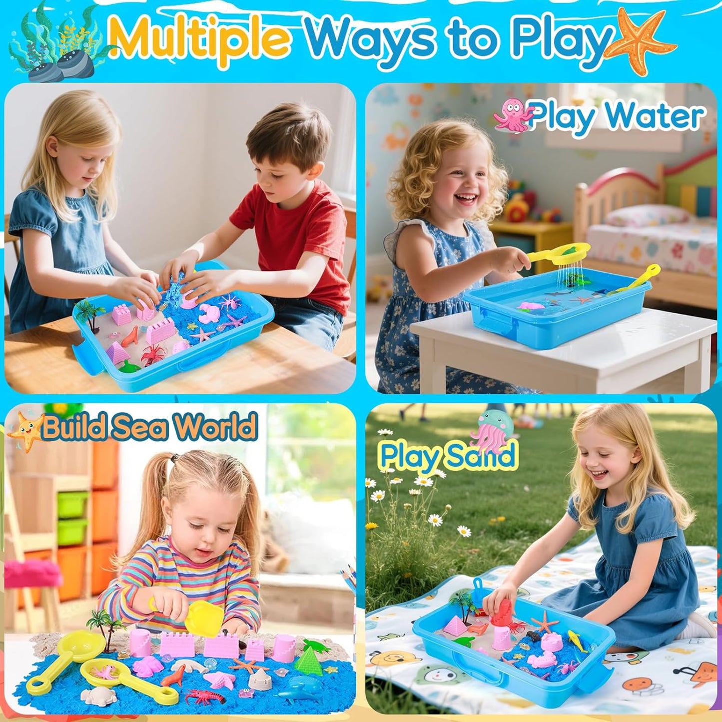 Mikiwon Ocean Sensory Bin, Sandbox Play Sand Art Kit with 1.65lbs Play Sand, Sea Animal Toys Molds, Sensory Play for Girls Boys Age 3 4 5 6 7 8, Beach Toys for Kids Xmas Birthday Gifts