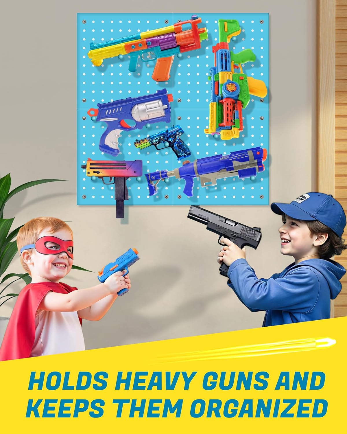 Skywin Wooden Pegboard for Nerf Gun Storage, Nerf Gun Wall Mount Eagle Shape, Compatible with All Blasters, Rack for Wall Organization - Birthday Gift for Kids (Orange)