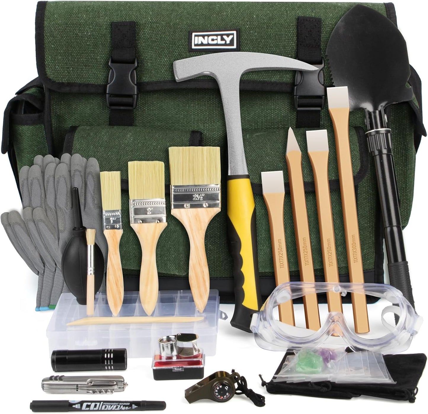INCLY 26PCS Upgrade Geology Rock Pick Hammer Kit, 33.8 oz Hammer & 4 PCS Digging Chisels Set for Rock Hounding, Gold Mining & Prospecting Equipment Tool Shovel Musette Bag, Compass, Whistle, Brushes