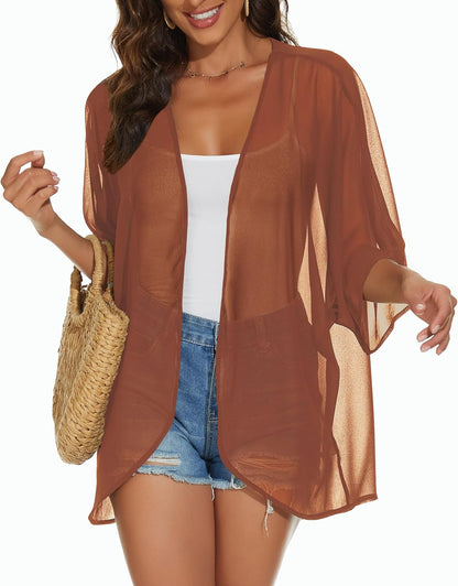 Womens Kimono Cardigans Beach Cover ups Swimwear Puff Sleeve Loose Casual Summer Tops 2026