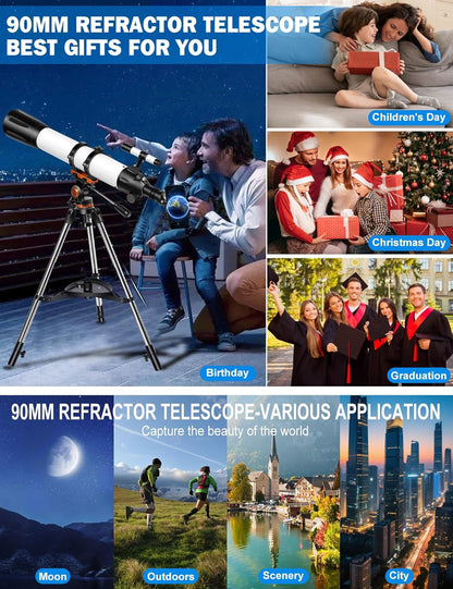 Telescope for Adults High Powered 90mm Aperture 800mm (32X-240X), Refractor Telescopes for Astronomy Beginners with AZ Mount Tripod, Phone Adapter, Carry Bag (80090white)