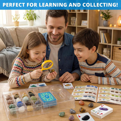PIBEX Rock Collection Starter Kit - 54 Pcs Assorted Gemstones, Crystals, Rocks & Minerals, with Learning Book & ID Cards, Earth Science Kit Toy, A Geology Gift for Kids & Adults Ages 8+