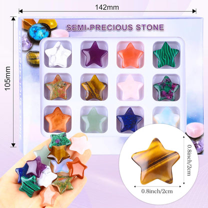12PCS Natural Star Shaped Gemstones Set 0.8inch Worry Stones Mini Star Crystal Polished Star Pocket Gems Star Shaped for DIY Meditaion Reiki Balancing Decor Rock Kids Beginners