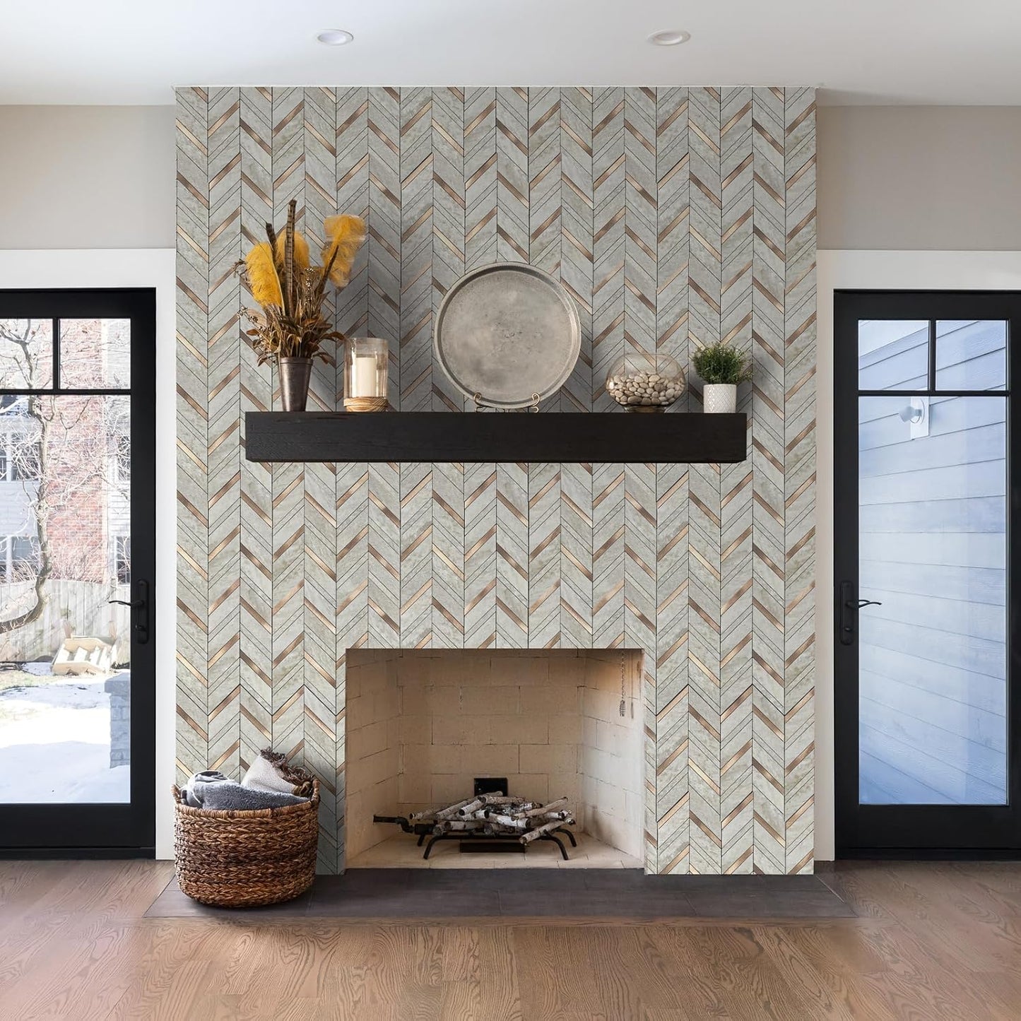 Yipscazo 10 Sheets Herringbone Backsplash Peel and Stick Tile, Marble Calacata Mixed Metal Gold PVC Stick on Backsplash for Kitchen, Waterproof Self Adhesive Wall Tile for Bathroom