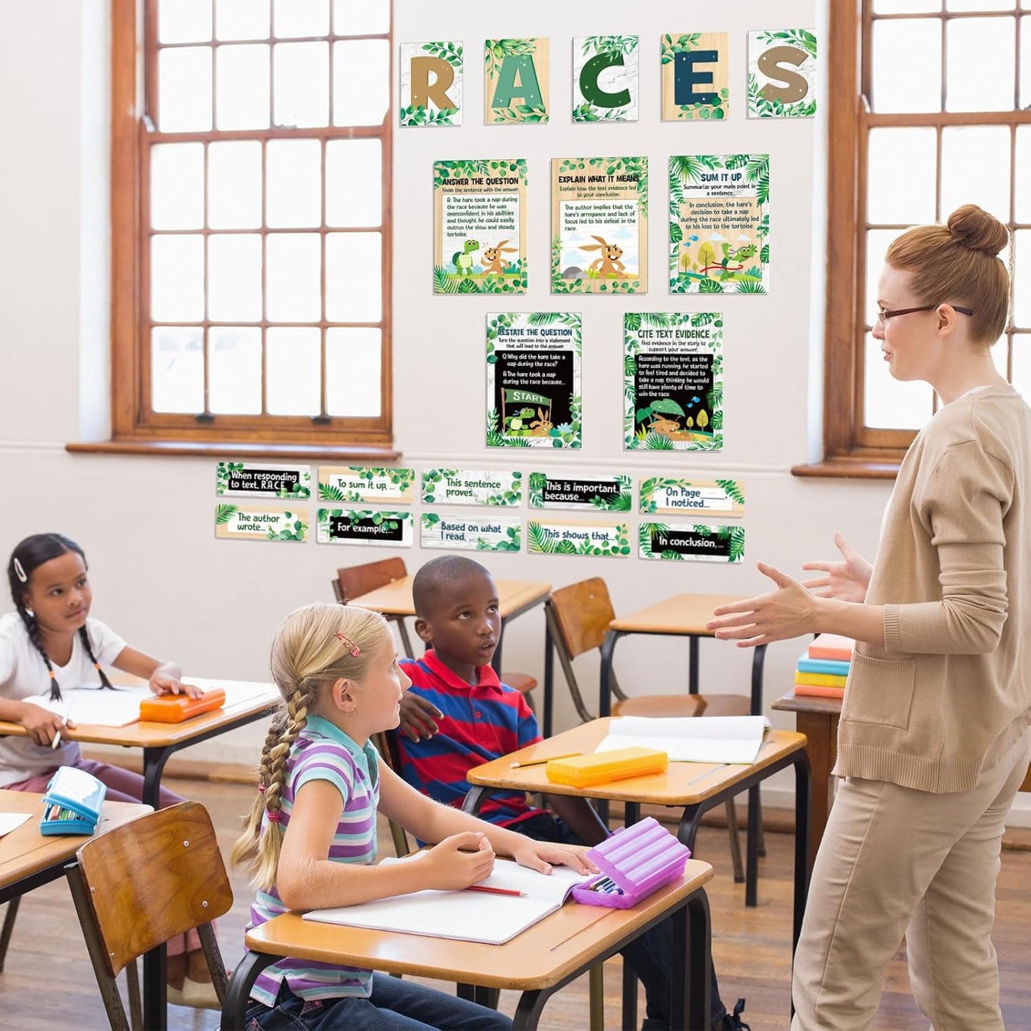 Outus 36 Pcs RACES Writing Strategy Bulletin Board Set, Alphabet Cutout Poster Sentence Starters Cards for Elementary School Classroom, Writing Display Wall Decoration Teacher Supply(Greenery)