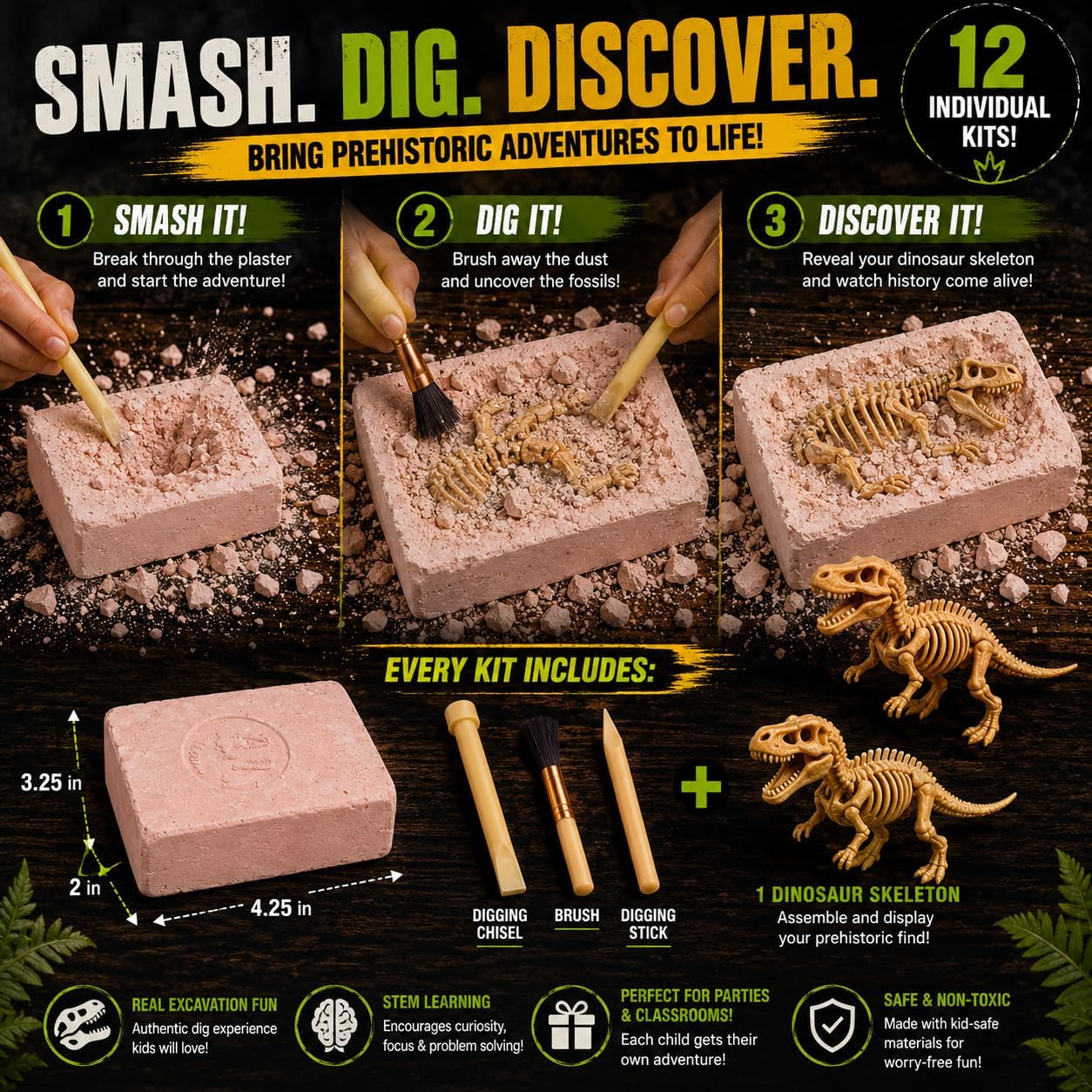 12 Pack Dinosaur Excavation Dig Kit for Kids, Dino Fossil Dig Kits with 3D Skeleton Toys, Bulk STEM Science Paleontology Archaeology Educational Toys, Birthday Party Favors for Boys Girls