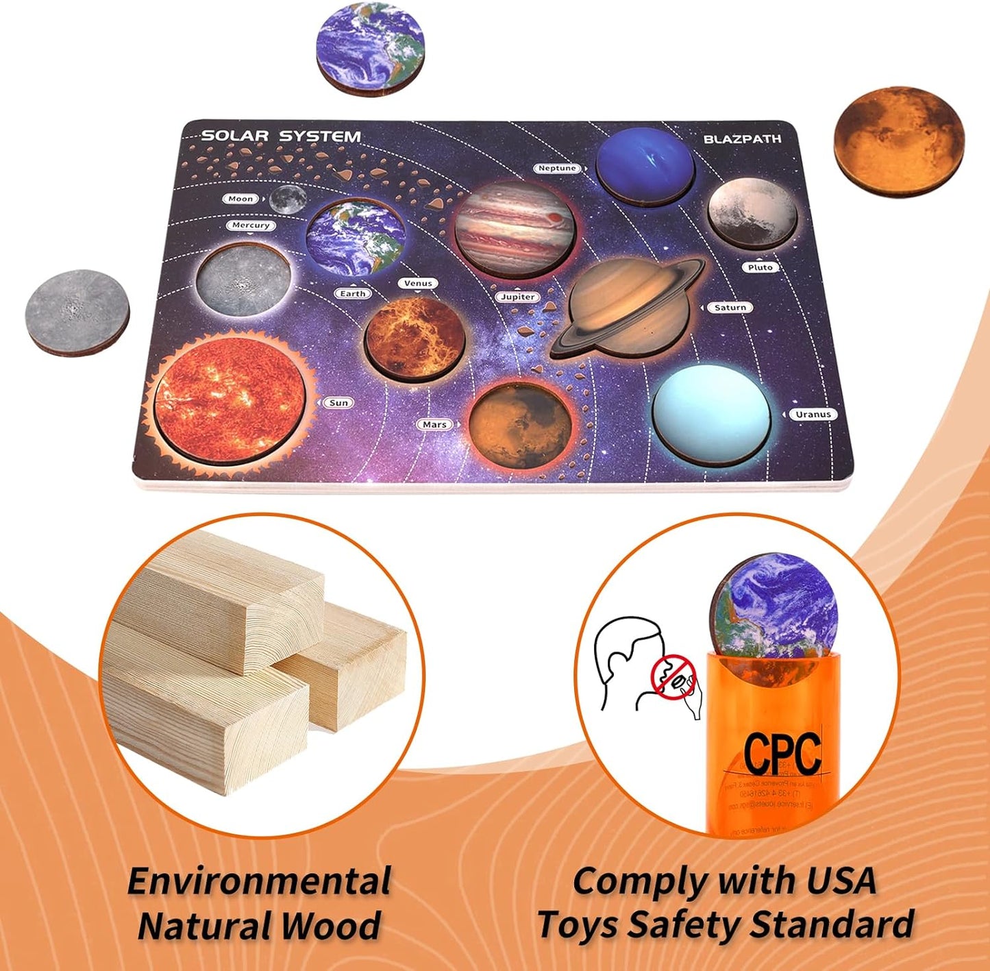 Solar System Wooden Puzzle Toys for Kids 3-5, Toddler Outer Space Montessori Planet Toys Gifts for Girls & Boys, Preschool Solar System Learning Planet Wood Puzzle Board Sensory STEM Game