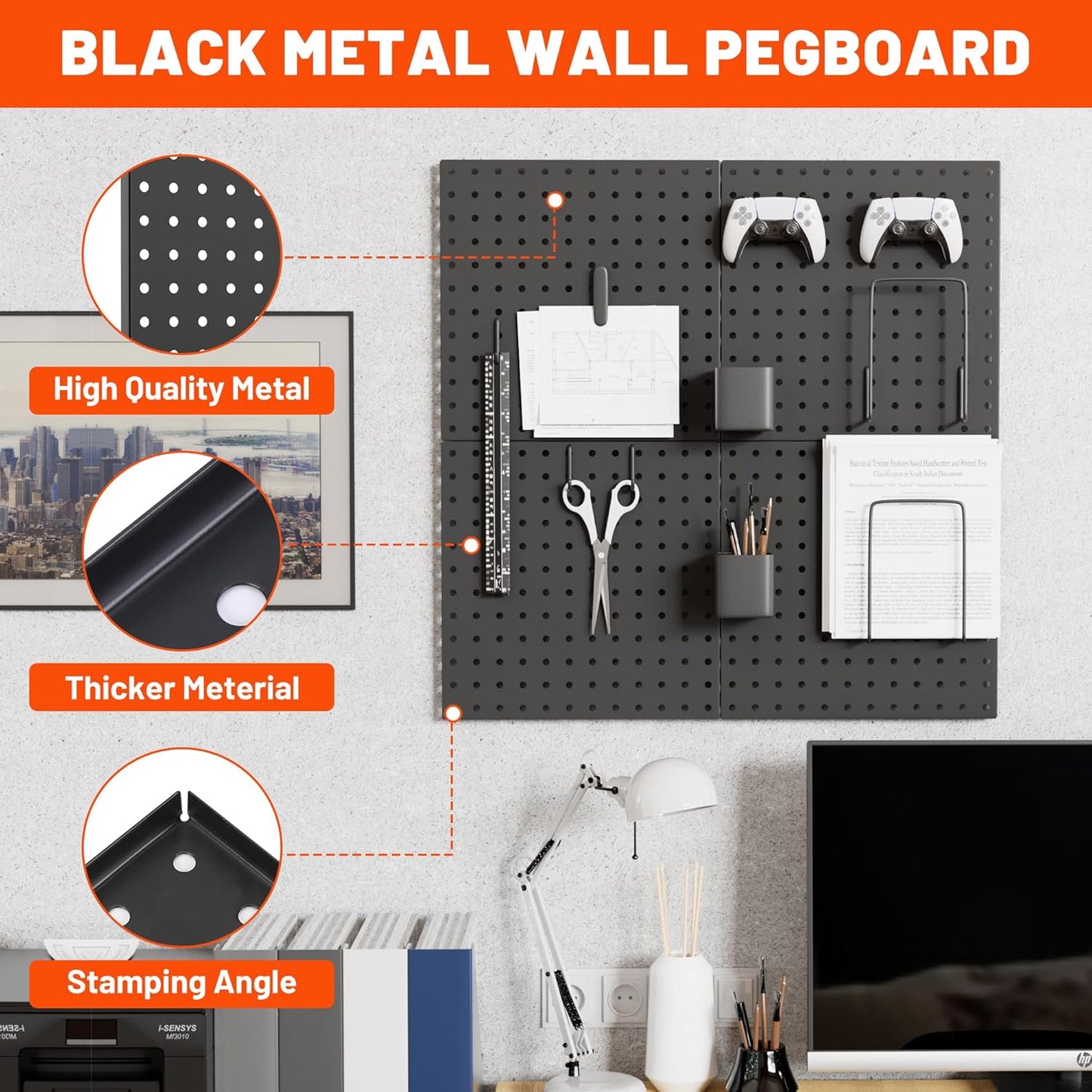 ValueMax 6 Pack Metal Pegboard Panels, 12”x 12” Heavy Duty Metal Pegboard Wall Organizer for Home, Garage, Workbench, Kitchen, Craft Room Tool Storage, Black Modular Peg Board Organizer Board