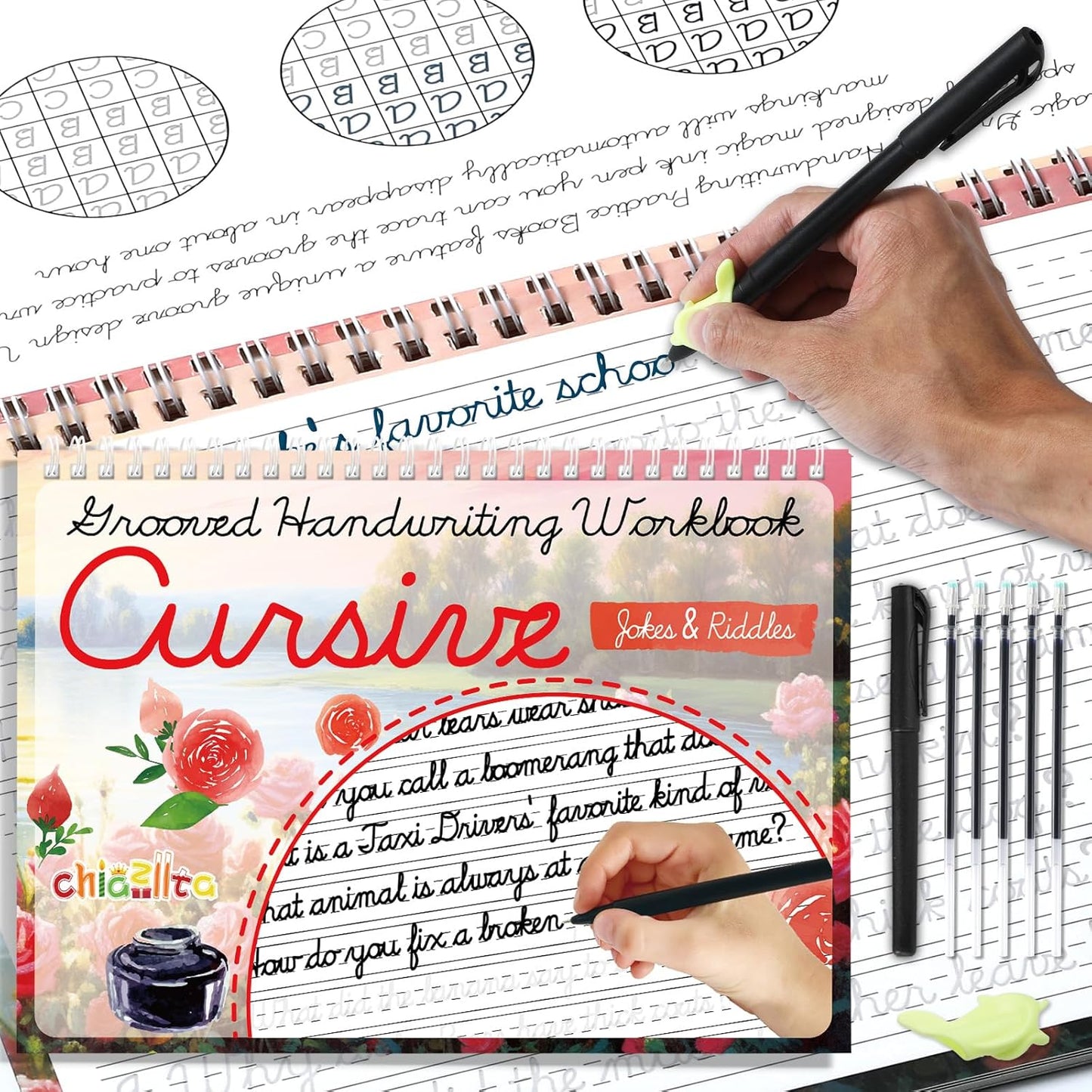 chiazllta Grooved Cursive Handwriting Workbook with Disappearing Ink Pens Magic Reusable Grooved Cursive Writing Practice for Beginners Kids Kickoff Student Workbook Homeschooling Supplies (Letters)