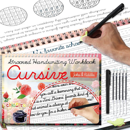 chiazllta Grooved Cursive Handwriting Workbook with Disappearing Ink Pens Magic Reusable Grooved Cursive Writing Practice for Beginners Kids Kickoff Student Workbook Homeschooling Supplies (Letters)